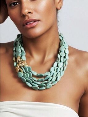 New! Coastal Boho Turquoise Pebble Stacked Statement Necklace NWOT
